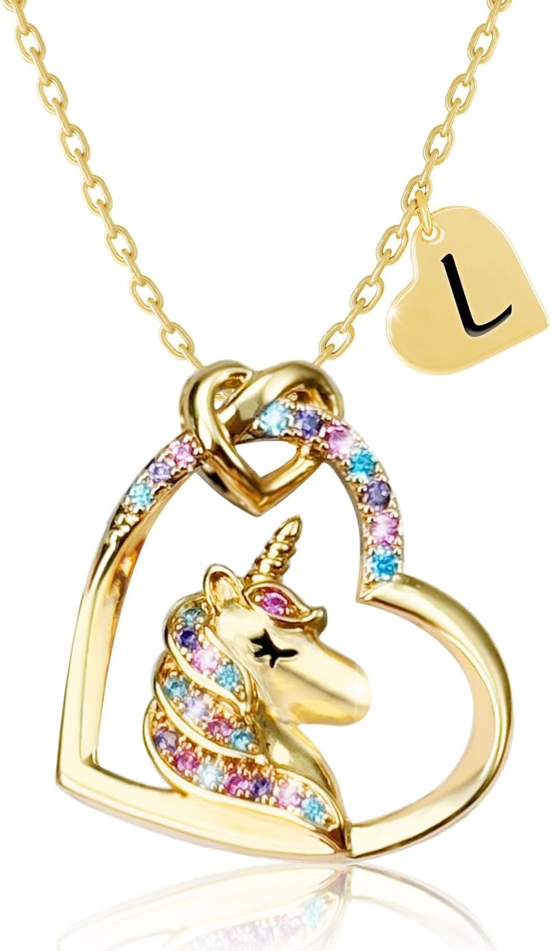PYXC Valentines Day Gifts - Unicorn Necklace Gifts for Girls, Gold CZ Heart Unicorn Jewelry Initial Girls Birthday Colorful Heart Necklace Birthday present - Image 1